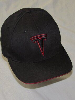 Tesla Auto EV Vehicle Owner Black Red Trim Flexfit Hat Cap sz L/XL